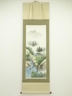 和善筆　彩色山水　肉筆絹本掛軸（保護箱）